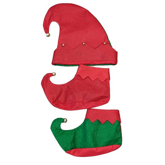 Christmas Elf Outfit Hat Shoes Jingle Bells Felt‎ One Size Green Red Holiday Fun - Picture 4 of 8